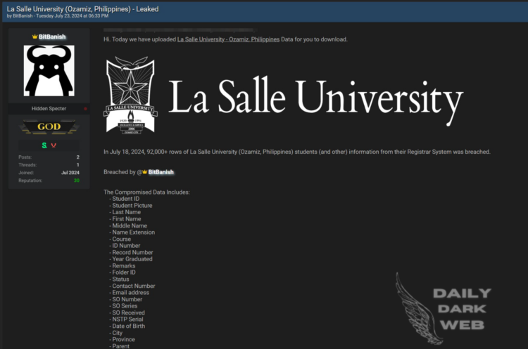Threat Actor Claims to Have Leaked Student Database of La Salle University