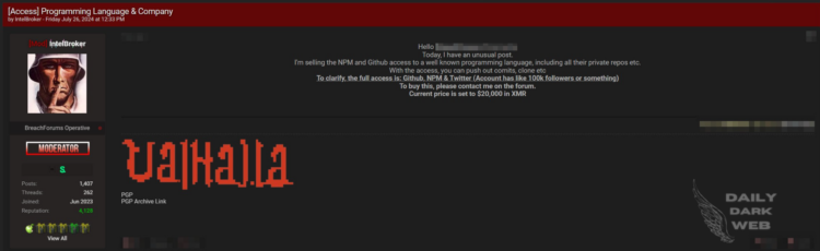 IntelBroker Offers Unauthorized Access to Popular Programming Language’s Repositories