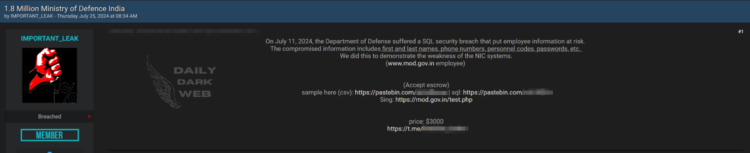 Indian MoD Allegedly Breached 1.8 Million Rows Exposed