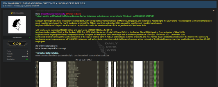 Alleged Maybank2u Database Published on a Dark Web Forum
