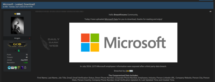 Alleged Microsoft Data Breach Published on a Dark Web Forum