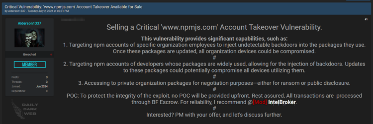 Alleged npm Vulnerability Appeared on a Dark Web Forum
