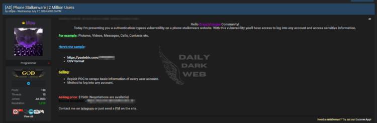 Vulnerability for a Phone Stalkerware is for Sale on a Dark Web Forum