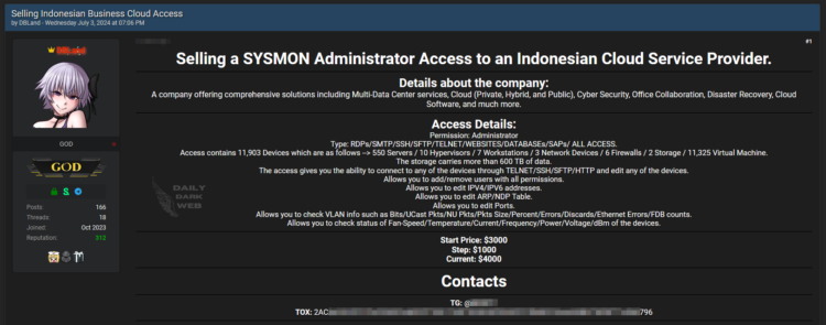 Alleged SYSMON Admin Access for an Indonesian Cloud Service Provider is For Sale