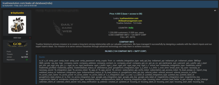 Alleged Database Leak from True Line Solution India