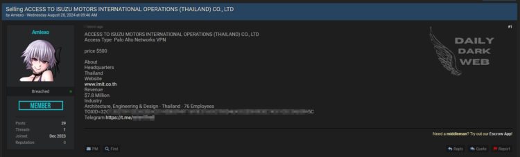 Threat Actor Claims to Sell Unauthorized VPN Access to Isuzu Motors International Operations (Thailand)