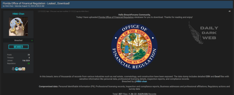 Threat Actor Claims to Leak 8.6 Million Records from Florida Office of Financial Regulation