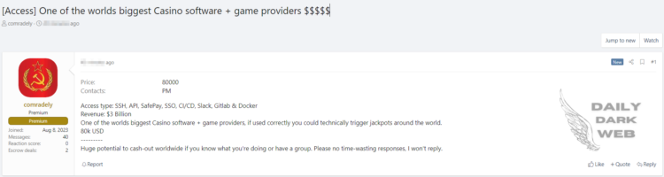 Threat Actor Offers Unauthorized Access to Major Casino Software and Game Providers for $80,000