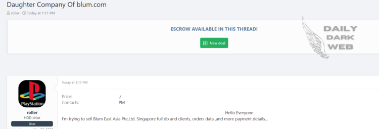Threat Actor Offers Blum South East Asia Client and Payment Data for Sale