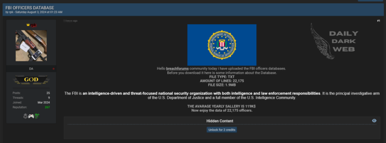 Threat Actor Alleges Breach of FBI Officers’ Database, Releases 22,175 Records