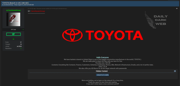 ZeroSevenGroup Claims to Have Hacked Toyota Branch, Allegedly Leaking 240 GB of Sensitive Data