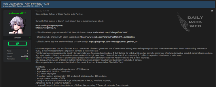 Threat Actor Claims Ransomware Attack on Glaze Trading India, Allegedly Stealing 12TB of Data