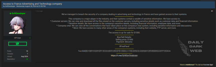 Threat Actor Claims to Sell Access to Major French Advertising and Technology Company