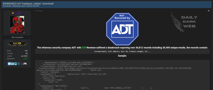 Threat Actor Claims to Leak ADT Data Containing Over 30,000 Records