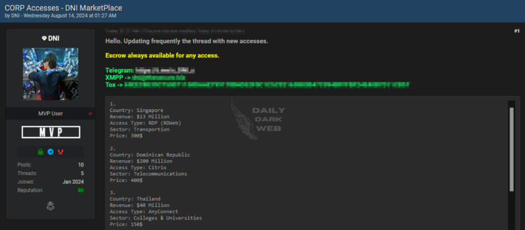 Threat Actor Allegedly Offers Access Across Multiple Sectors and Countries