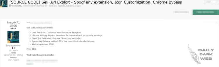 Threat Actor Claims to Sell “.url” Exploit Source Code for $10k