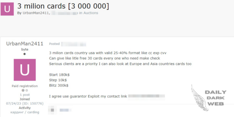 Threat Actor Claims to Sell of 3 Millions US Credit Card Information for $180,000