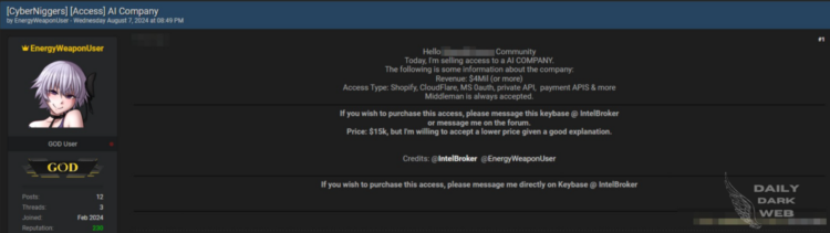 Threat Actor Claims to Sell Access to an AI Company for $15,000