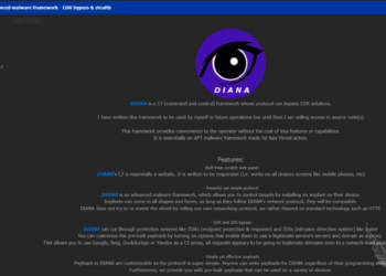 “DIANA” Malware Command and Control Framework for Sale
