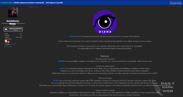 “DIANA” Malware Command and Control Framework for Sale