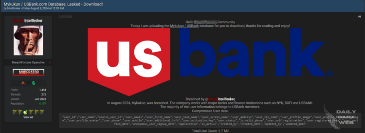 IntelBroker Alleged Data Breach of Mykukun/USBank.com Database