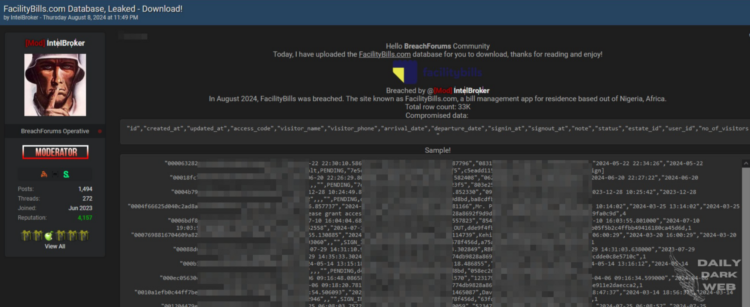 IntelBroker Alleged Data Breach of FacilityBills.com Database