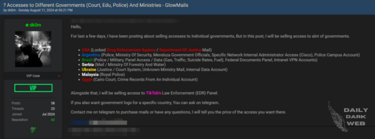 Threat Actor Claims to Have Access to Multiple Government Systems and Ministries Worldwide
