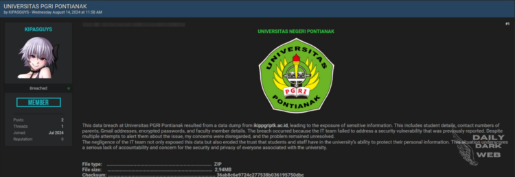 Alleged Data Breach at Universitas PGRI Pontianak Exposes Sensitive Information