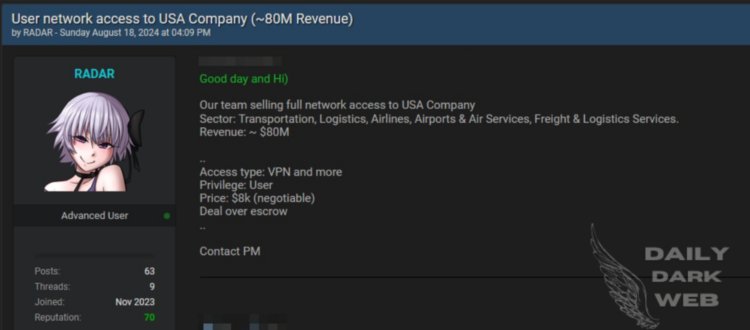 Threat Actor Allegedly Selling Network Access to an US Transportation and Logistics Company