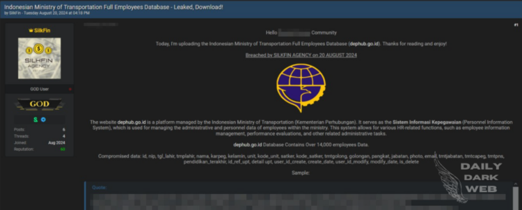 A Threat Actor Claims Breach of Indonesian Ministry of Transportation Database