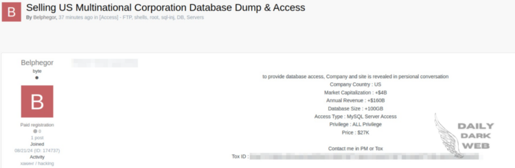 A Threat Actor Alleged Database Access Sale of US Multinational Corporation