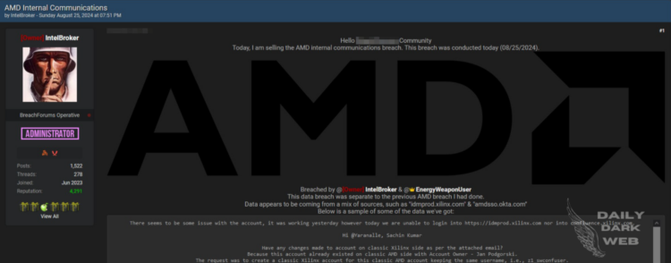 IntelBroker Alleged Data Breach of AMD Internal Communications