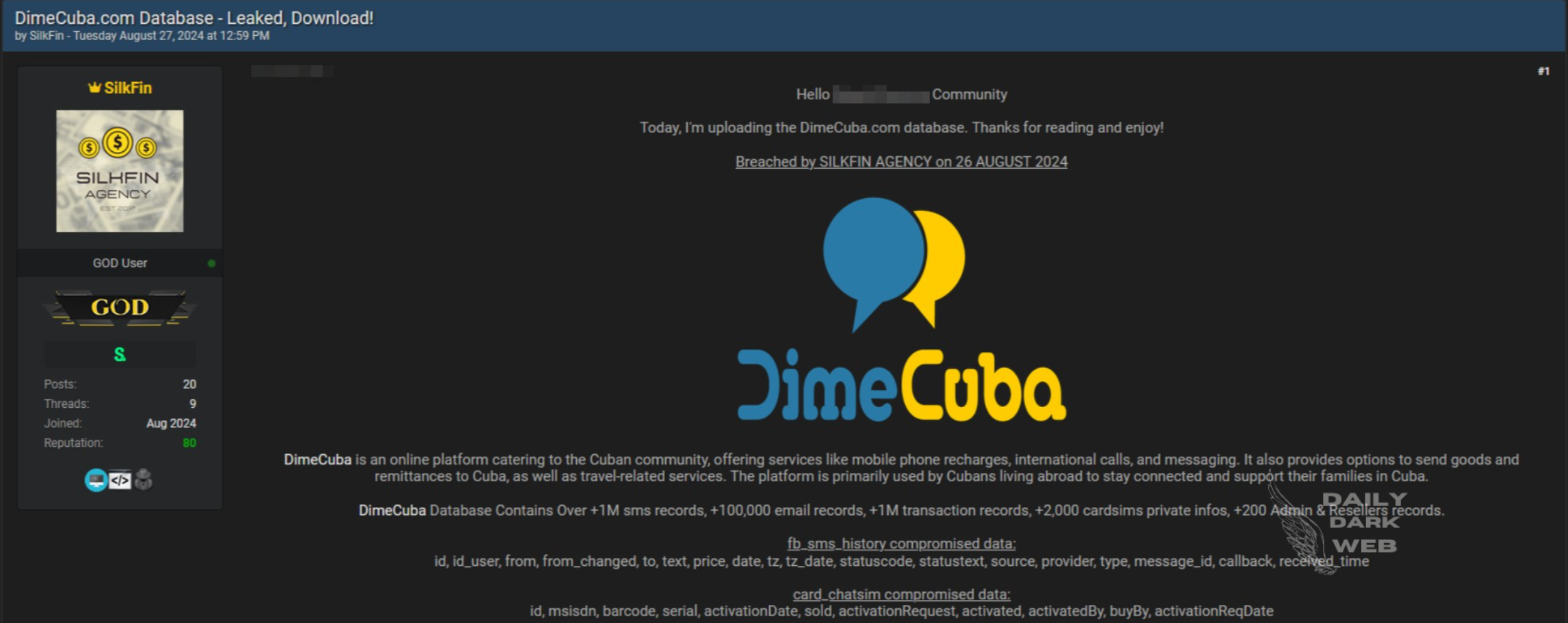 Threat Actor Claimed to Breach Database of DimeCuba Daily Dark Web