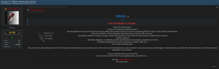 Threat Actor Claims to Have 80TB of Sensitive Data From Israel and Selling Access