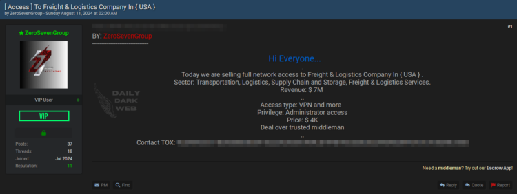 Alleged Access Sale to a US Based Logistics Company