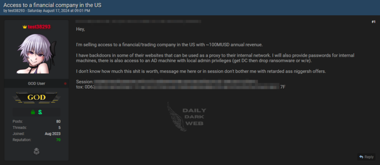 Threat Actor Offers Access to U.S. Financial Firm’s Network