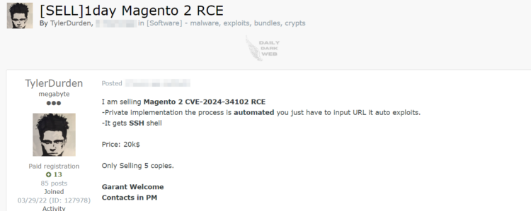 Threat Actor Offers Exploit for Magento 2 Vulnerability
