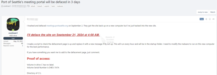 Threat Actor Claims Repeated Breach of Port of Seattle Website