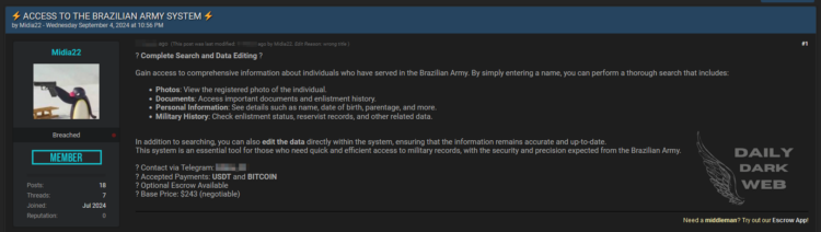 Threat Actor Allegedly Selling Unauthorized Access to Brazilian Army System, Exposing Personal and Military Records