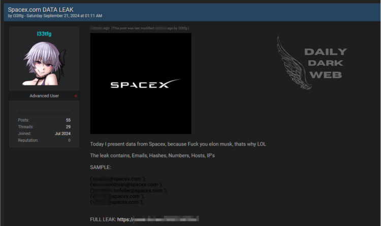 Threat Actor Claims to Leak SpaceX Data Containing Emails, Hashes, and IPs