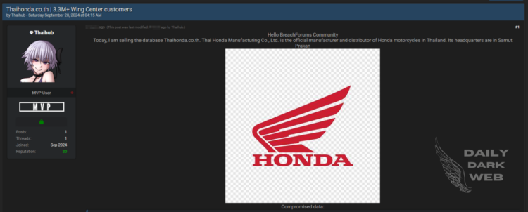 Threat Actor Claims to Sell Database of Thai Honda Manufacturing, 3.3 Million Records at Risk