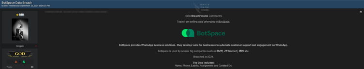Threat Actor Offers Alleged BotSpace User Data for Sale