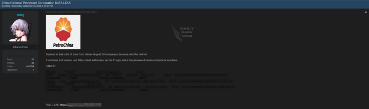 Data from Major Chinese Oil Company Allegedly Leaked on Dark Web