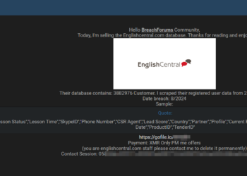 Alleged Data Breach at EnglishCentral: Threat Actor Claims to Sell Customer Information on Dark Web