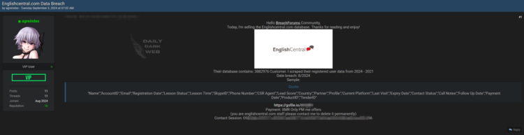 Alleged Data Breach at EnglishCentral: Threat Actor Claims to Sell Customer Information on Dark Web