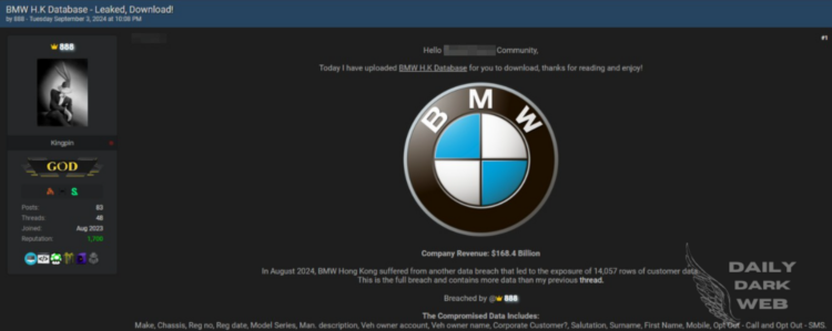 A Threat Actor Alleged BMW Hong Kong Data Breach
