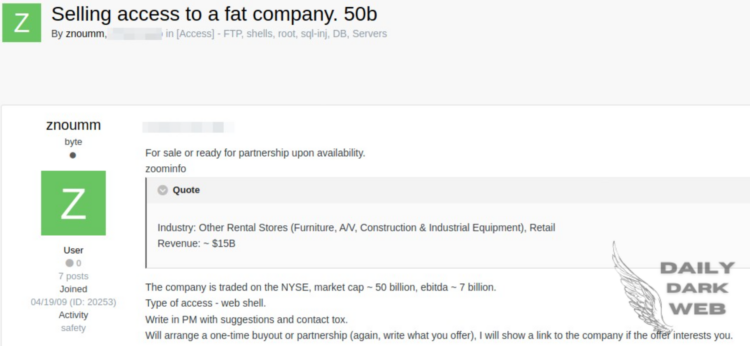 Threat Actor Claims to Sell Web Shell Access to a Major Rental and Retail Company