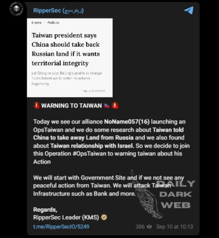 RipperSec and NoName057 Launch DDoS Attacks on Taiwanese Government Sites