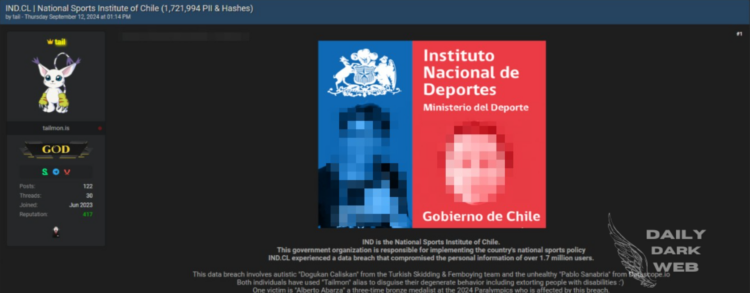 A Threat Actor Alleged Data Breach at Chile’s National Sports Institute (IND)