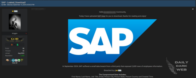 A Threat Actor Claims to Breach of SAP Database, 2,600 Employees Information Exposed